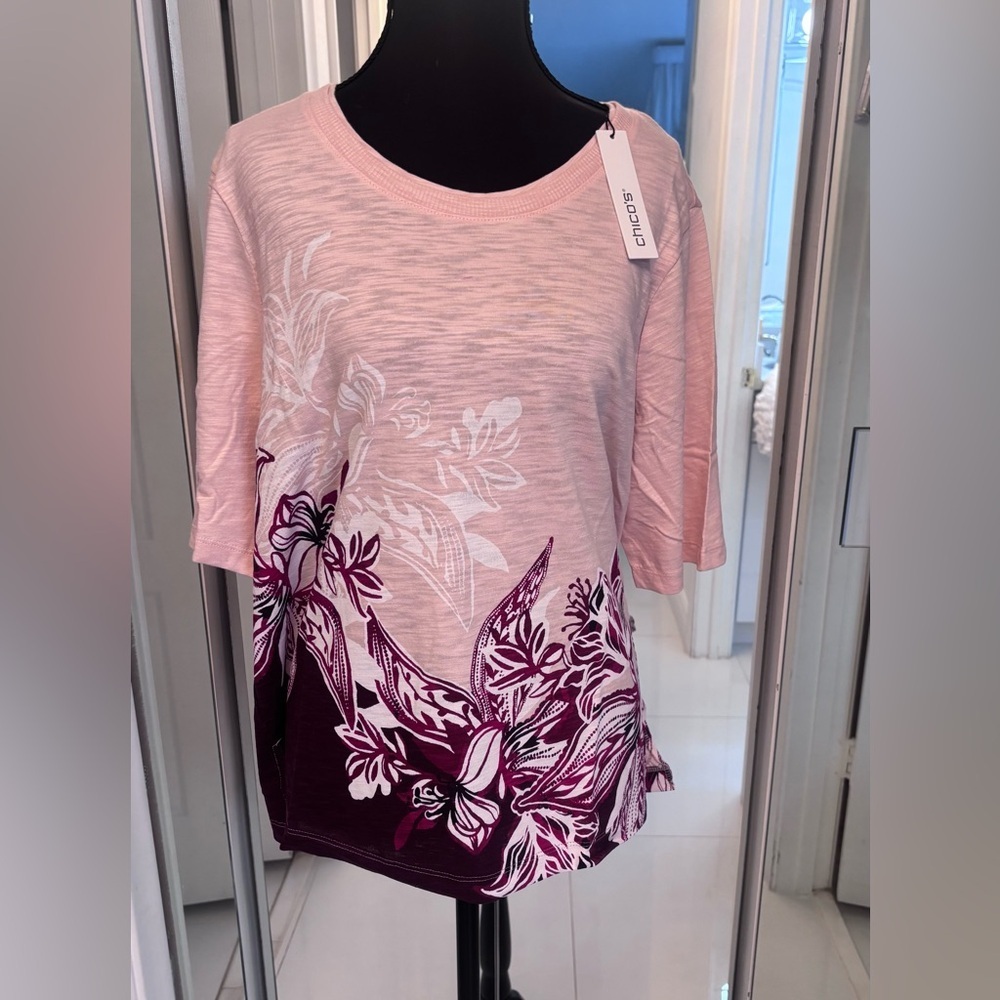 C Chico's Floral Pink Short Sleeve Sub Tee with Crew Neck size Large/12 - Picture 8 of 11